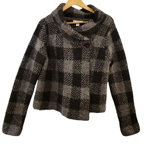 Vtg Susan Bristol Wool Cardigan Black Plaid Women Size L Sweater Preppy Academia